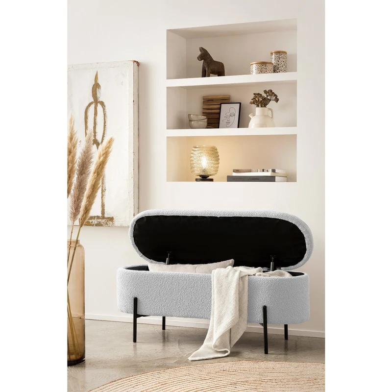 Bettbank mit Stauraum und Bouclé – Weiß, 110 cm