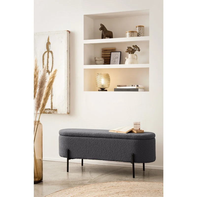 Bettbank mit Stauraum und Bouclé – Anthrazit, 110 cm