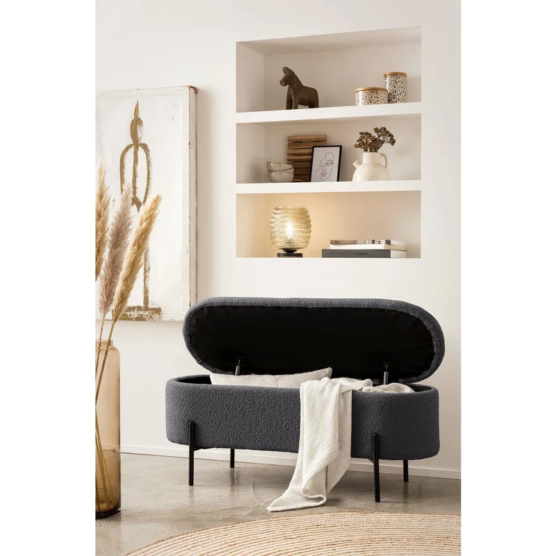 Bettbank mit Stauraum und Bouclé – Anthrazit, 110 cm