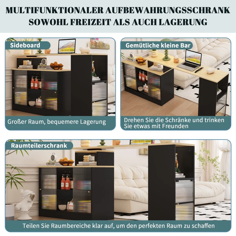 Ausziehbarer Bartisch mit Stauraum, schwarz