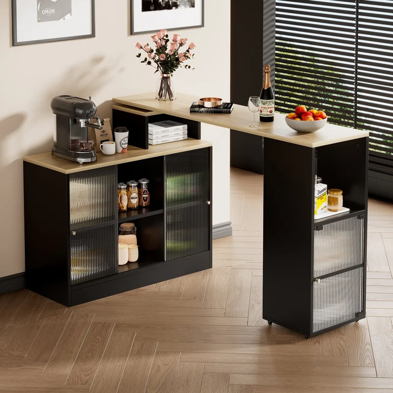 Ausziehbarer Bartisch mit Stauraum, schwarz