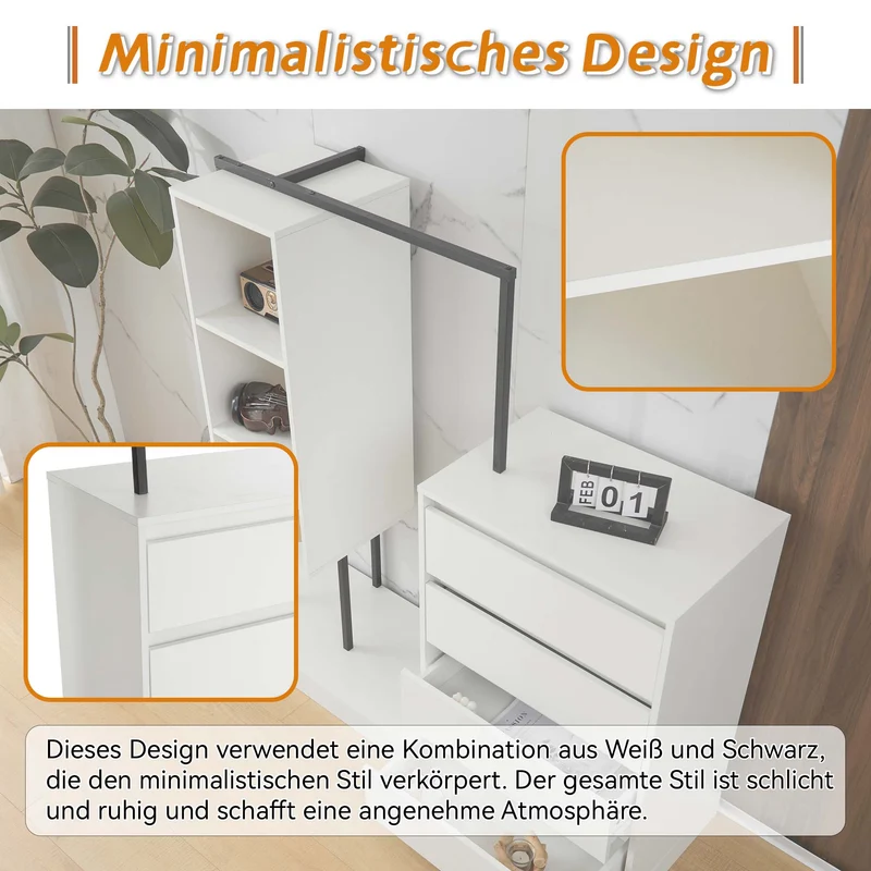Schubladenschrank mit Kleiderstange, Kleiderschrank-Set in Weiß