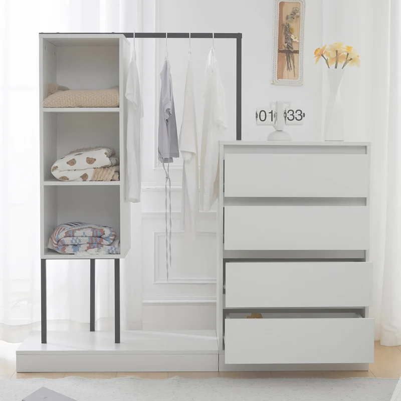 Schubladenschrank mit Kleiderstange, Kleiderschrank-Set in Weiß
