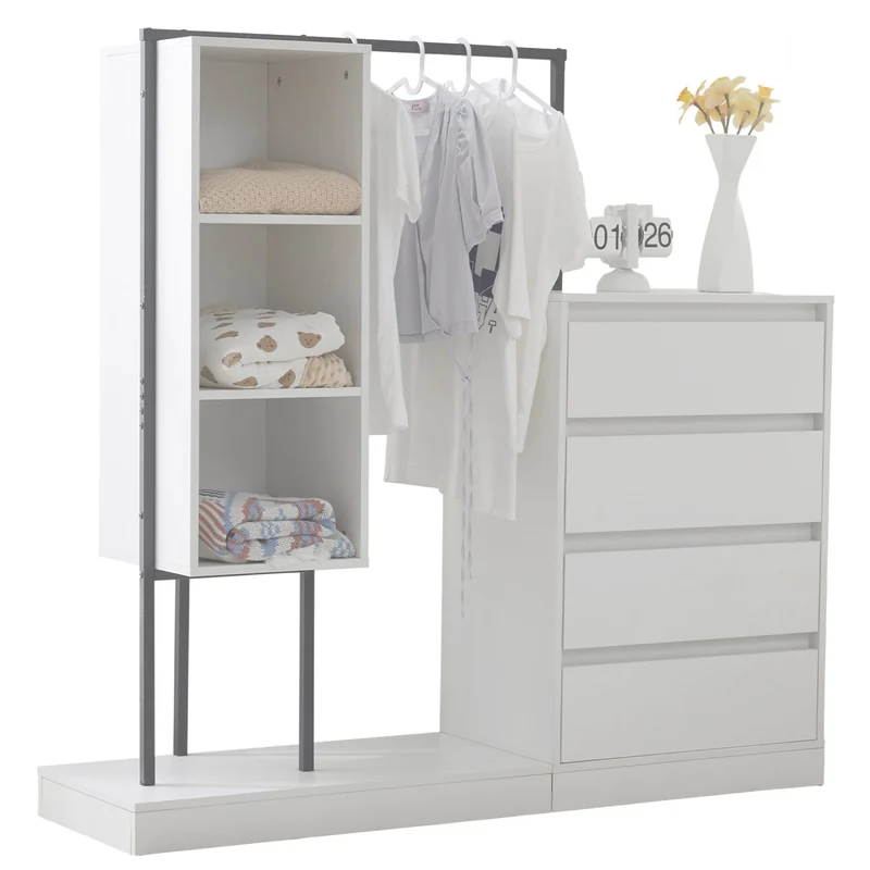 Schubladenschrank mit Kleiderstange, Kleiderschrank-Set in Weiß