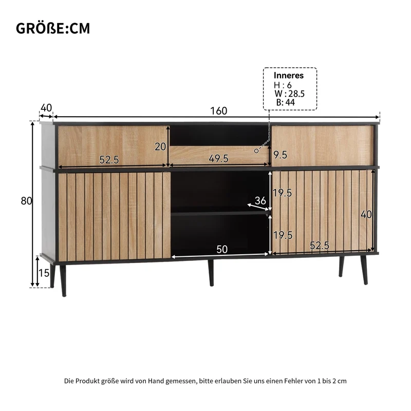 Kommode mit 4 Schiebetüren und 1 Schublade, 160 x 40 x 80 cm