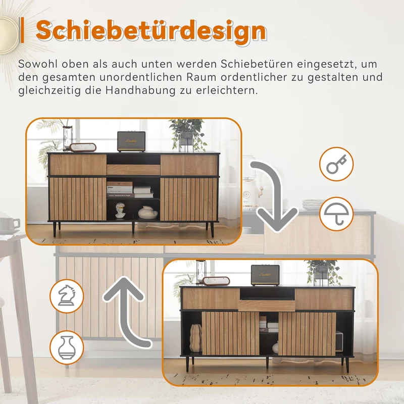Kommode mit 4 Schiebetüren und 1 Schublade, 160 x 40 x 80 cm