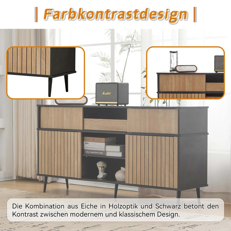 Kommode mit 4 Schiebetüren und 1 Schublade, 160 x 40 x 80 cm