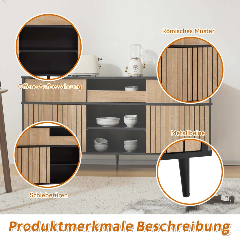 Kommode mit 4 Schiebetüren und 1 Schublade, 160 x 40 x 80 cm