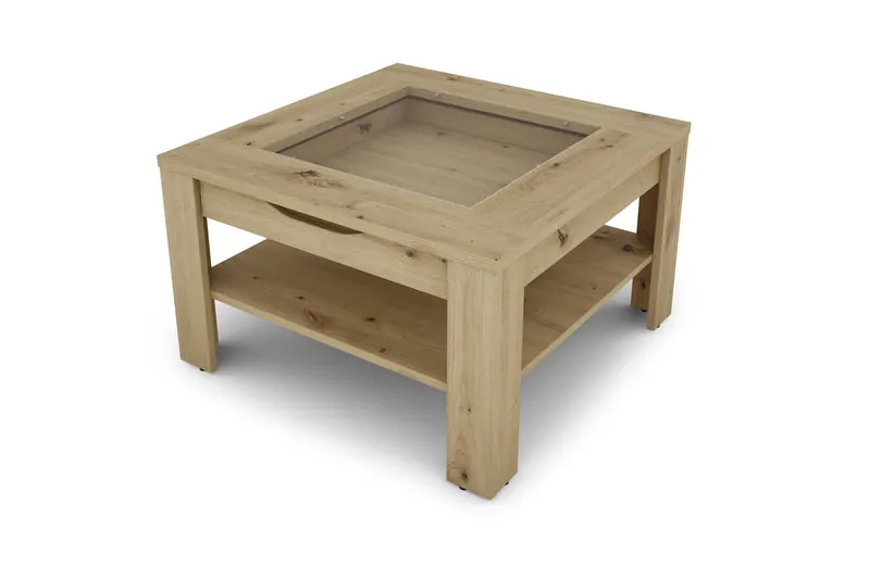 Couchtisch RALPH / moderner Sofatisch mit Glaseinlage und großzügiger Schublade / in Old Wood-Optik, weiß oder Artisan Eiche / Beistelltisch mit viel Stauraum / B 67, H 43, T 67 cm