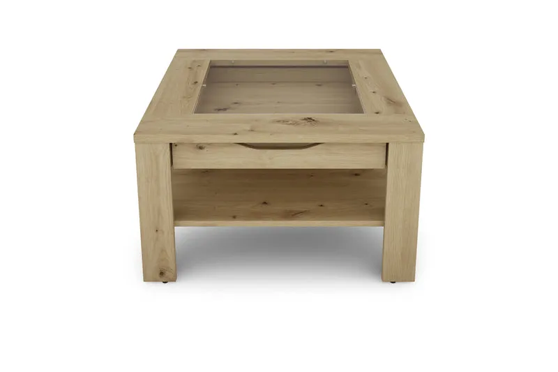 Couchtisch RALPH / moderner Sofatisch mit Glaseinlage und großzügiger Schublade / in Old Wood-Optik, weiß oder Artisan Eiche / Beistelltisch mit viel Stauraum / B 67, H 43, T 67 cm