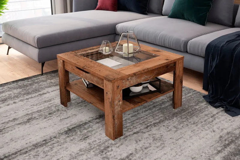 Couchtisch RALPH / moderner Sofatisch mit Glaseinlage und großzügiger Schublade / in Old Wood-Optik, weiß oder Artisan Eiche / Beistelltisch mit viel Stauraum / B 67, H 43, T 67 cm