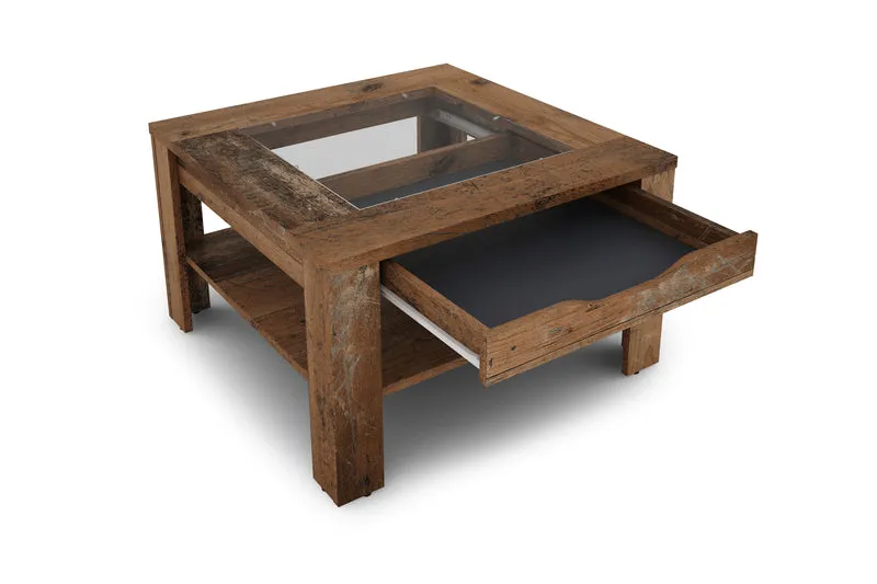 Couchtisch RALPH / moderner Sofatisch mit Glaseinlage und großzügiger Schublade / in Old Wood-Optik, weiß oder Artisan Eiche / Beistelltisch mit viel Stauraum / B 67, H 43, T 67 cm