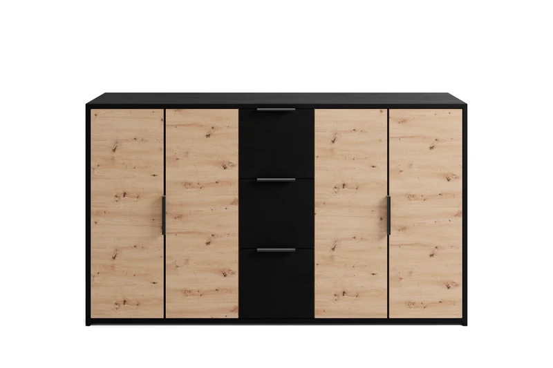 Sideboard RIMINI / Melamin Eiche schwarz und Artisan Eiche / 4 Türen / B 139, H 80, T 39 cm