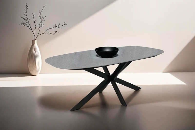 Esstisch OVAL / Bootsform / Tischplatte in Naturstein-Optik grau / Gestell Metall schwarz / 200 x 100, H 76 cm