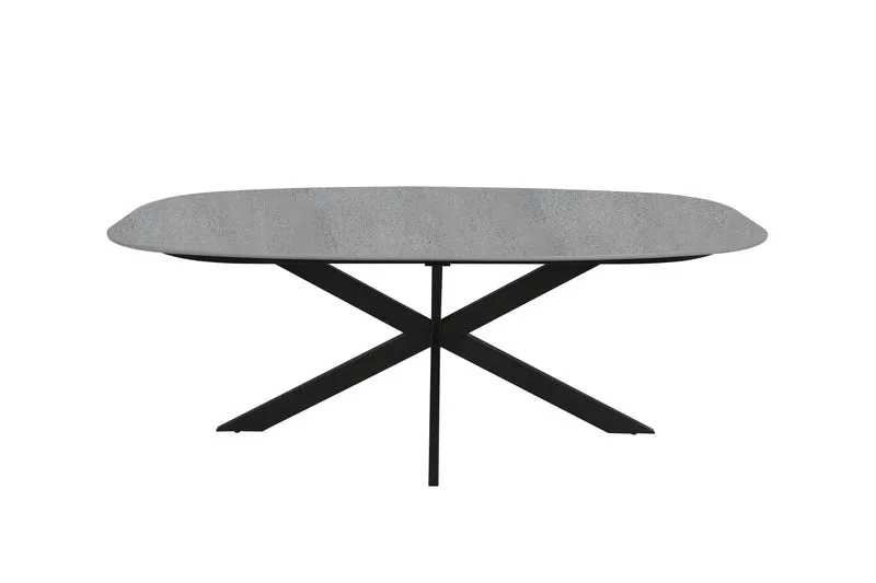 Esstisch OVAL / Bootsform / Tischplatte in Naturstein-Optik grau / Gestell Metall schwarz / 200 x 100, H 76 cm