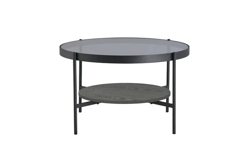 Couchtisch OHIO / Tischplatte Rauchglas grau / Ablageboden MDF Echtholzfurnier schwarz / Gestell Metall schwarz / D 73,5, H 42,5 cm