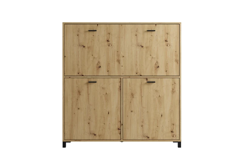 Sekretär MONTANA / Sekretär matt weiß oder Artisan Eiche (Eiche-Optik) / Office-Schrank mit 1 Klappe und 2 Türen / schwarze Griffe / B 120, H 127, T 40 cm