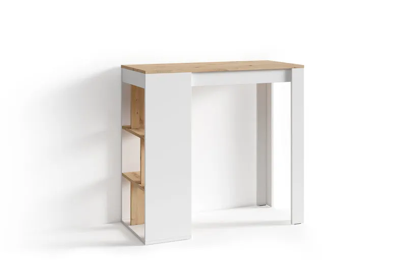 Bartisch MOBY / Moderner Küchentisch in Weiß / Tischplatte und Regale in Eichen-Holz-Optik Hell-Braun / Hoher Esstisch / Skandinavisches Design / B 110, H 104, T 50 cm