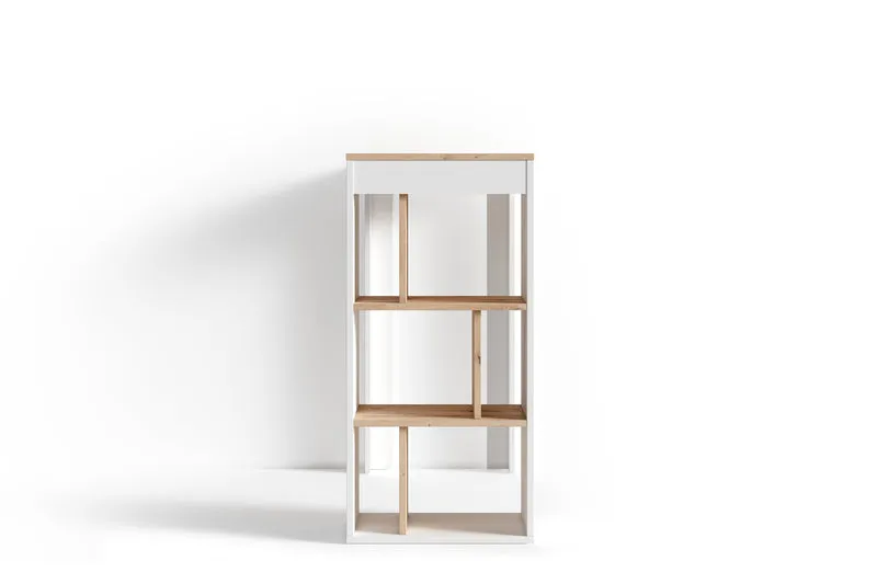 Bartisch MOBY / Moderner Küchentisch in Weiß / Tischplatte und Regale in Eichen-Holz-Optik Hell-Braun / Hoher Esstisch / Skandinavisches Design / B 110, H 104, T 50 cm