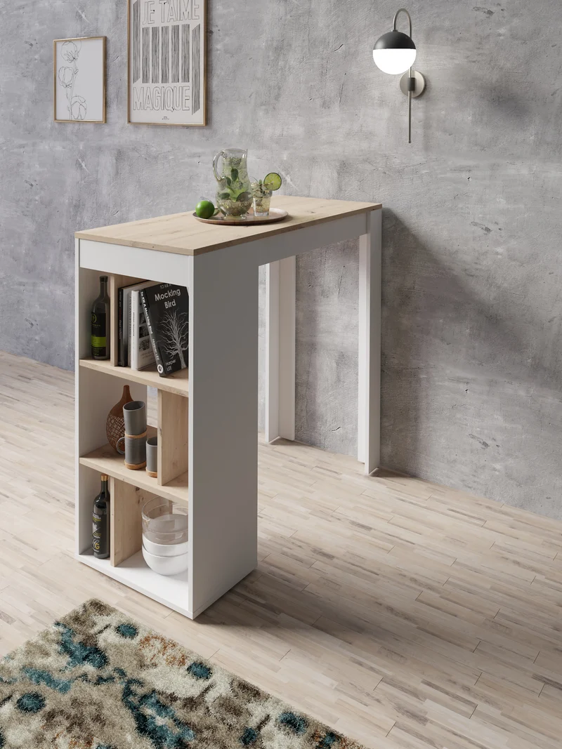 Bartisch MOBY / Moderner Küchentisch in Weiß / Tischplatte und Regale in Eichen-Holz-Optik Hell-Braun / Hoher Esstisch / Skandinavisches Design / B 110, H 104, T 50 cm