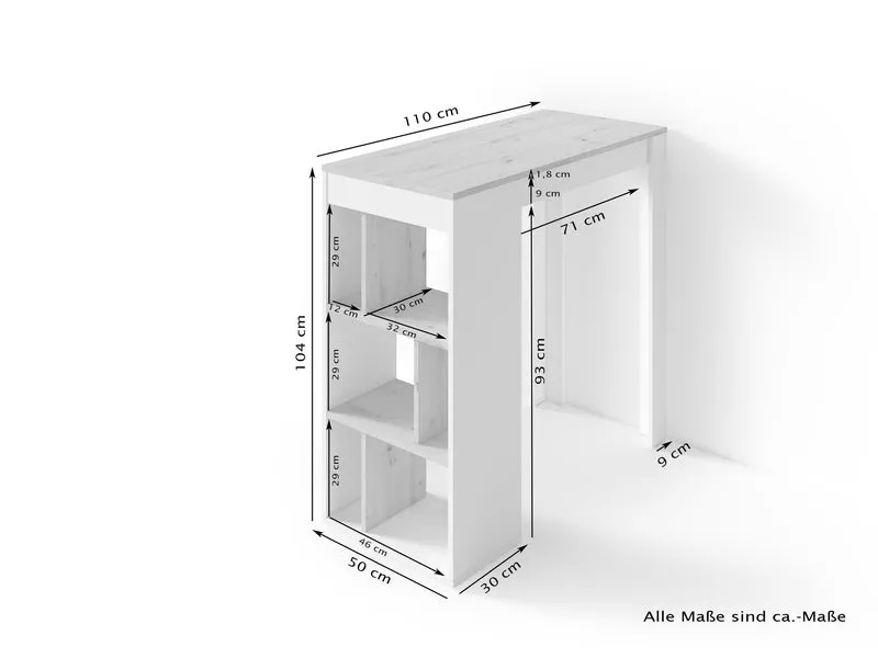Bartisch MOBY / Moderner Küchentisch in Weiß / Tischplatte und Regale in Eichen-Holz-Optik Hell-Braun / Hoher Esstisch / Skandinavisches Design / B 110, H 104, T 50 cm