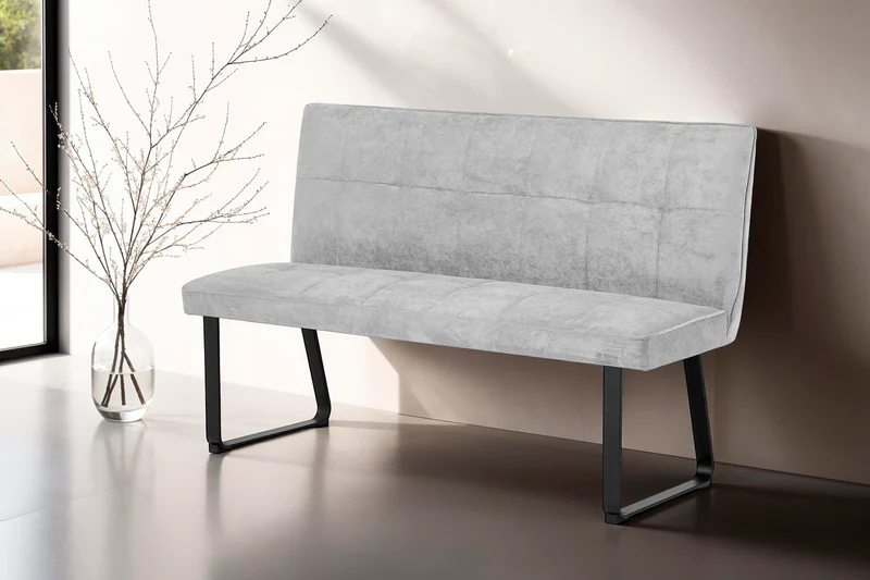Bank Talea / Moderne Sitzbank mit einem Webstoff-Bezug in dunkelgrau oder hellgrau / Metall Gestell schwarz pulverbeschichtet / Bank mit Rückenlehne / B 140 oder 160, H 92, T 59 cm