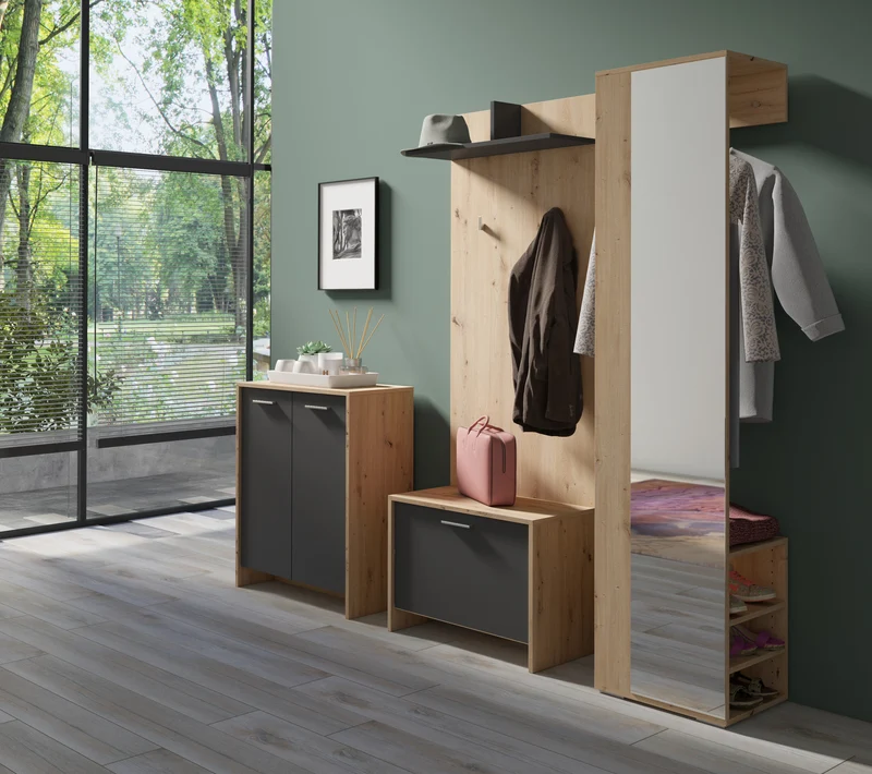 Sitzbank BEN / Schuhschrank in Artisan Eiche (Eiche-Optik), Old Wood (Altholz-Optik) oder weiß / kleine Flur-Kommode mit Klappe und Einlegeboden / B 60, H 48, T 35 cm
