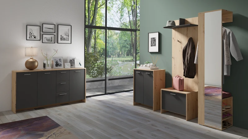 Sitzbank BEN / Schuhschrank in Artisan Eiche (Eiche-Optik), Old Wood (Altholz-Optik) oder weiß / kleine Flur-Kommode mit Klappe und Einlegeboden / B 60, H 48, T 35 cm