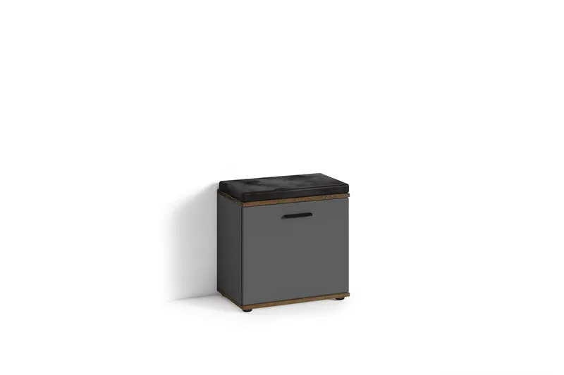 Sitzbank JAKOB / Hocker in Artisan Eiche (Eiche-Optik), schwarz oder Old Wood (Altholz-Optik) mit schwarzem Kunstleder Sitzkissen / Schuhschrank mit Tür / zwei Fächer / Garderoben-Kommode / Schuh-Bank / B 48,5 H 49, T 30 cm