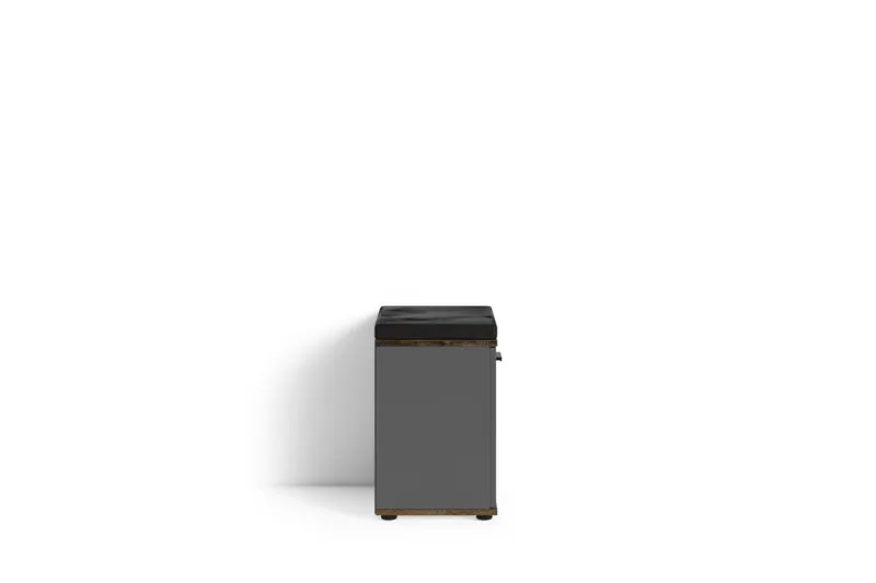Sitzbank JAKOB / Hocker in Artisan Eiche (Eiche-Optik), schwarz oder Old Wood (Altholz-Optik) mit schwarzem Kunstleder Sitzkissen / Schuhschrank mit Tür / zwei Fächer / Garderoben-Kommode / Schuh-Bank / B 48,5 H 49, T 30 cm