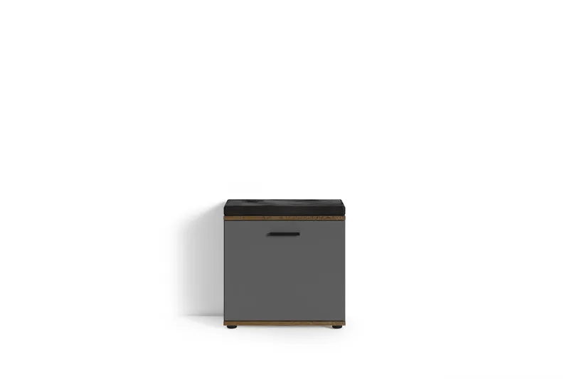 Sitzbank JAKOB / Hocker in Artisan Eiche (Eiche-Optik), schwarz oder Old Wood (Altholz-Optik) mit schwarzem Kunstleder Sitzkissen / Schuhschrank mit Tür / zwei Fächer / Garderoben-Kommode / Schuh-Bank / B 48,5 H 49, T 30 cm
