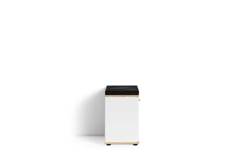 Sitzbank JAKOB / Hocker in Artisan Eiche (Eiche-Optik), schwarz oder Old Wood (Altholz-Optik) mit schwarzem Kunstleder Sitzkissen / Schuhschrank mit Tür / zwei Fächer / Garderoben-Kommode / Schuh-Bank / B 48,5 H 49, T 30 cm