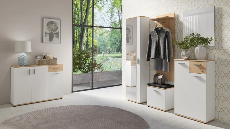Sitzbank JAKOB / Hocker in Artisan Eiche (Eiche-Optik), schwarz oder Old Wood (Altholz-Optik) mit schwarzem Kunstleder Sitzkissen / Schuhschrank mit Tür / zwei Fächer / Garderoben-Kommode / Schuh-Bank / B 48,5 H 49, T 30 cm