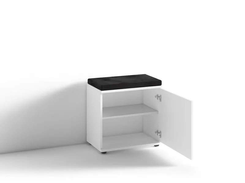 Sitzbank JAKOB / Hocker in Artisan Eiche (Eiche-Optik), schwarz oder Old Wood (Altholz-Optik) mit schwarzem Kunstleder Sitzkissen / Schuhschrank mit Tür / zwei Fächer / Garderoben-Kommode / Schuh-Bank / B 48,5 H 49, T 30 cm