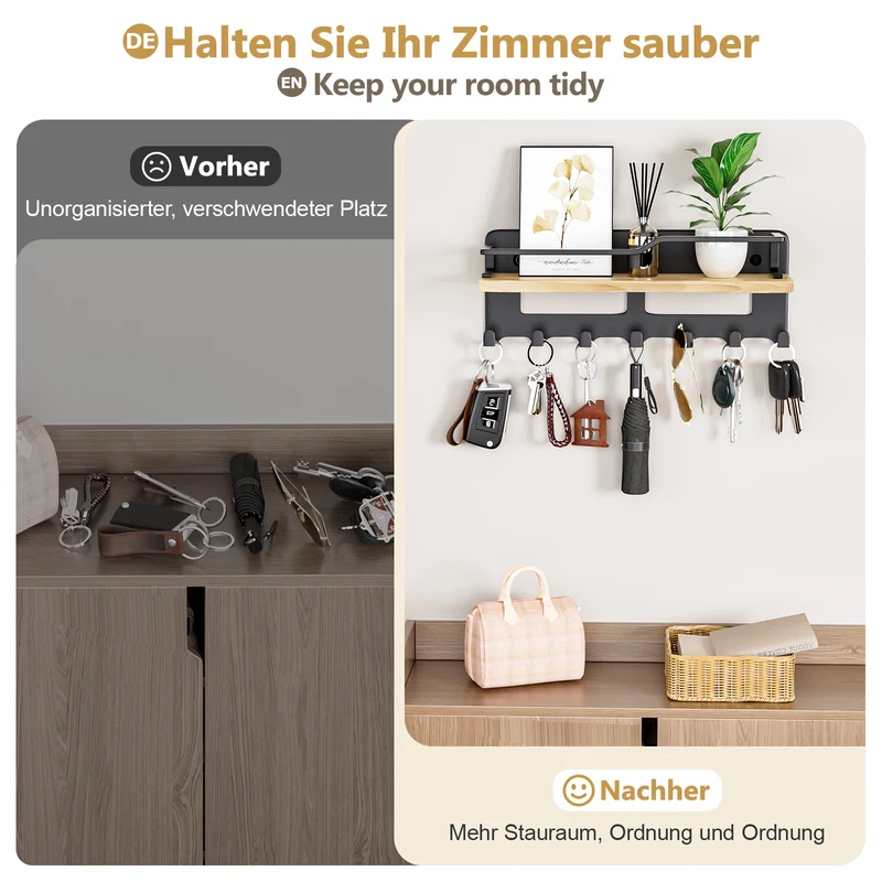 Yorbay Schlüsselbrett mit 7 Haken und Holzablage