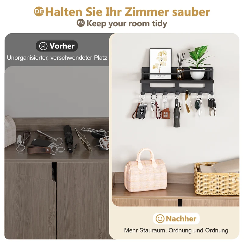 Yorbay Schlüsselbrett mit 7 Haken und Holzablage