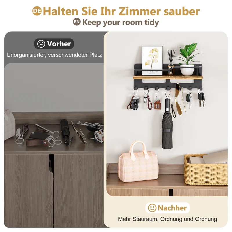 Yorbay Schlüsselbrett mit 7 Haken und Holzablage