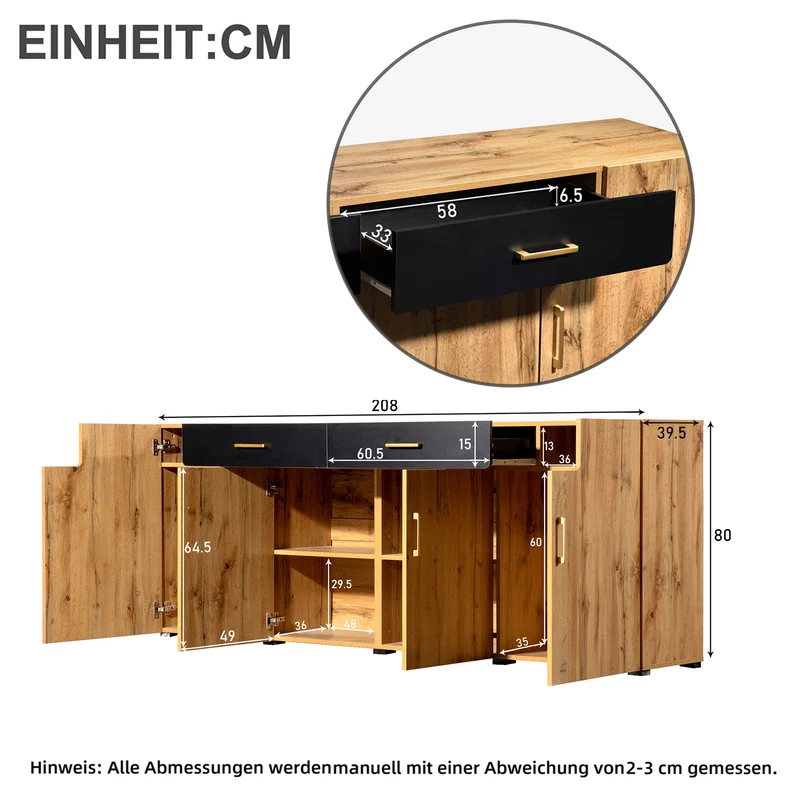 Sideboard mit 4 Türen und 2 Schubladen, 208 x 39.5 x 80 cm