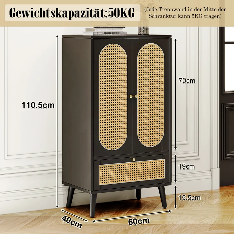 Sideboard mit Rattan-Design, mit 2 Türen und 1 Schublade, 60 x 40 x 110.5 cm
