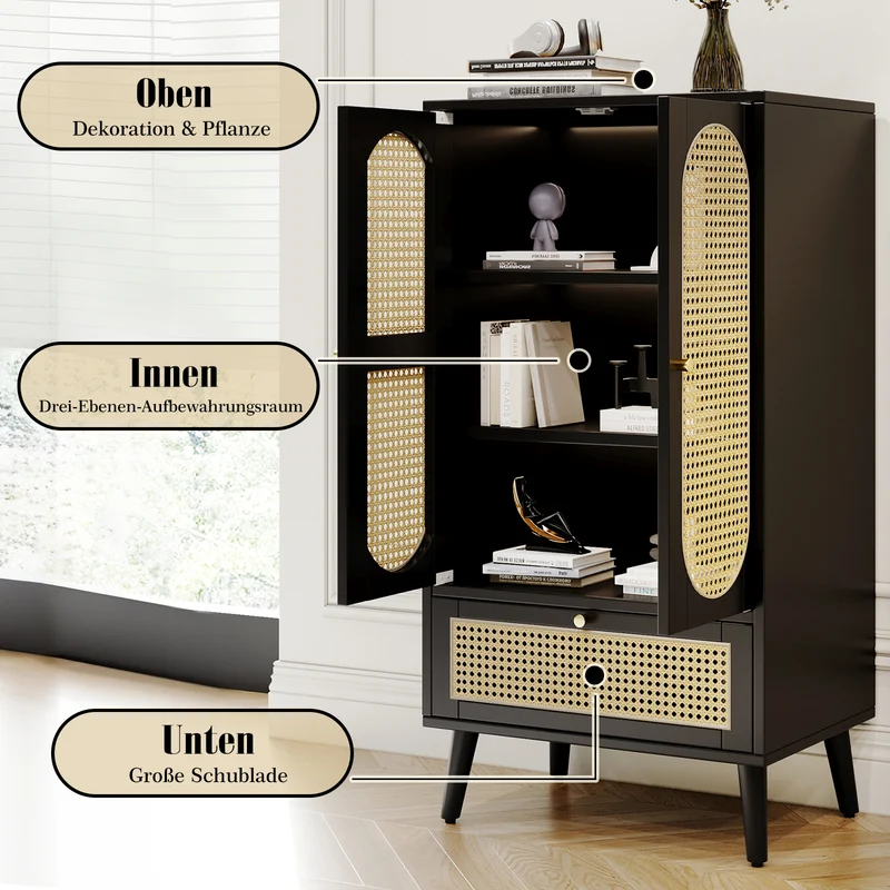 Sideboard mit Rattan-Design, mit 2 Türen und 1 Schublade, 60 x 40 x 110.5 cm