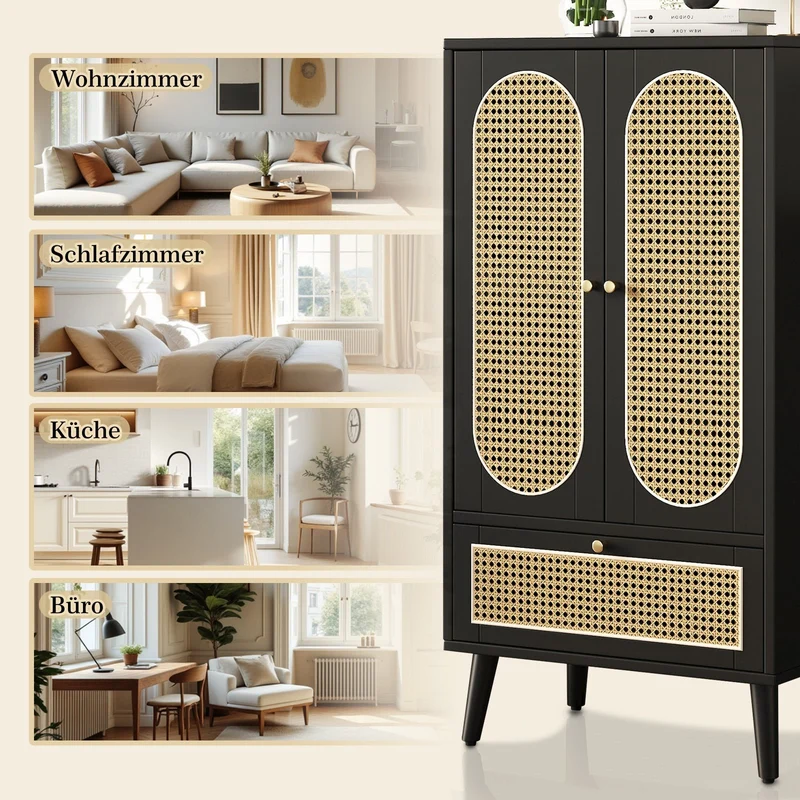 Sideboard mit Rattan-Design, mit 2 Türen und 1 Schublade, 60 x 40 x 110.5 cm