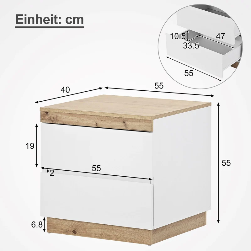 Nachttisch mit zwei Schubladen, 40 x 55 x 55 cm