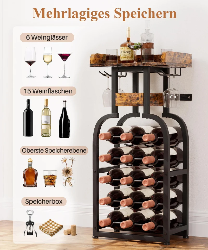 Yorbay Freistehendes Weinregal für 15 Flaschen mit Glashaltern
