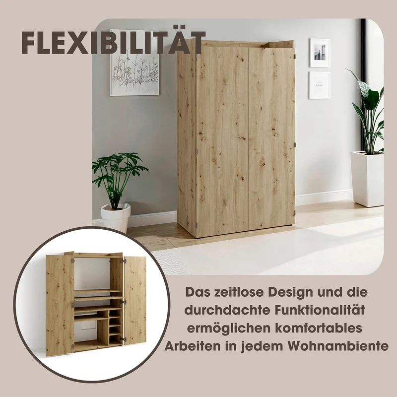 Sekretär JANNE / Sekretär matt weiß oder Artisan Eiche (Eiche-Optik) / Office-Schrank mit 2 Türen / platzsparend / Grifflos / B 80, H 141, T 40 cm