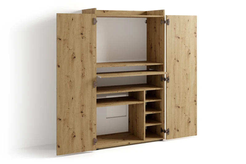 Sekretär JANNE / Sekretär matt weiß oder Artisan Eiche (Eiche-Optik) / Office-Schrank mit 2 Türen / platzsparend / Grifflos / B 80, H 141, T 40 cm