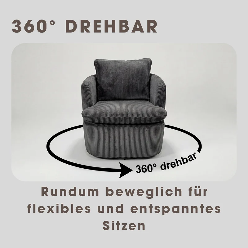 Sessel HARMONY / Grob-Cord dunkelgrau oder off white / Vollpolster / 360° drehbar / B 72, H 69, T 77 cm