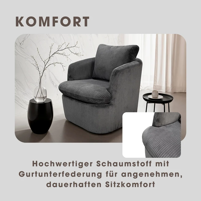 Sessel HARMONY / Grob-Cord dunkelgrau oder off white / Vollpolster / 360° drehbar / B 72, H 69, T 77 cm