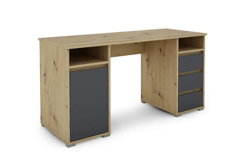 Schreibtisch LOBO / Arbeits-Tisch in weiß, Artisan Eiche (Eiche-Optik) oder Old Wood (Altholz-Optik) / Computer-Tisch mit 3 Schubladen, 1 Tür und 2 offenen Fächern / Große Arbeits-Fläche 138 x 55cm / Bürotisch / 138x75x55 cm (BxHxT)