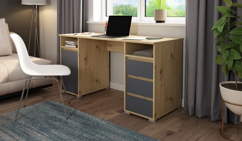 Schreibtisch LOBO / Arbeits-Tisch in weiß, Artisan Eiche (Eiche-Optik) oder Old Wood (Altholz-Optik) / Computer-Tisch mit 3 Schubladen, 1 Tür und 2 offenen Fächern / Große Arbeits-Fläche 138 x 55cm / Bürotisch / 138x75x55 cm (BxHxT)