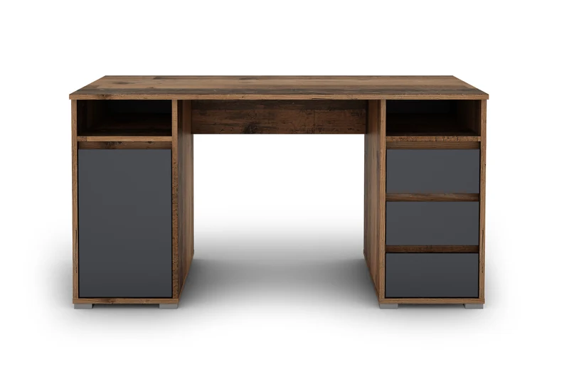 Schreibtisch LOBO / Arbeits-Tisch in weiß, Artisan Eiche (Eiche-Optik) oder Old Wood (Altholz-Optik) / Computer-Tisch mit 3 Schubladen, 1 Tür und 2 offenen Fächern / Große Arbeits-Fläche 138 x 55cm / Bürotisch / 138x75x55 cm (BxHxT)